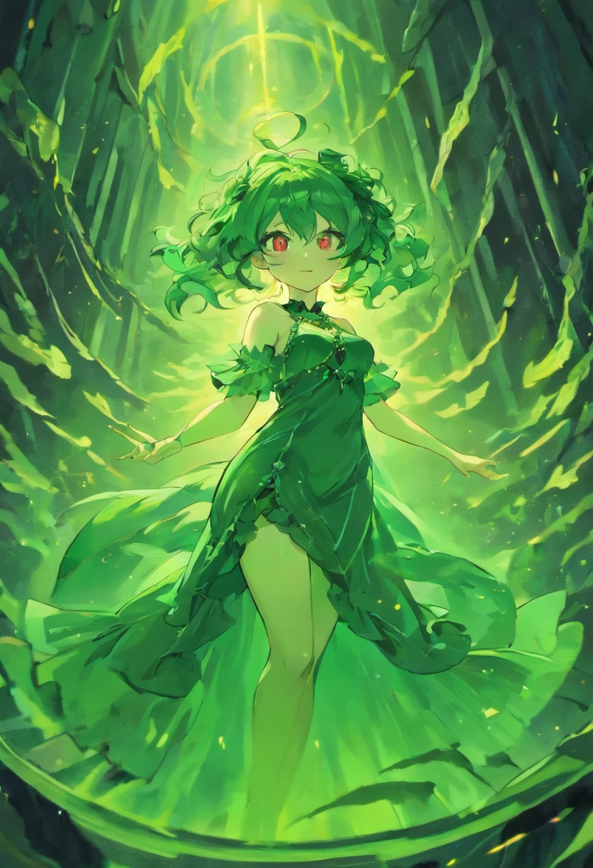 ((Masterpiece)), (Best Quality), ((Super Detail)), Illustration, ((Very Delicate and Beautiful)), ((solo)), Dynamic Angle, Looking back at viewer, anime moe artstyle, (enigmatic and cunning), ((Crimson red eyes)), ((Deep forest green hair)), (bob cut hair), ((Twin pitch black demon horns)), (otherworldly), exceptionally beautiful, ((plump)), big breasts, (curvy), ((voluptuous)), (ethereal spirit), ((velvet green dress), (flowing ruffled dress), (Green Dress with Red trim), (Contrasting Red and Green), (gorgeous Blue necklace jewelry), (predatory smile), (high quality), volumetric lighting, ((spiritual plane)), ((((ethereal background)))), Ethereal Heavenly halls background