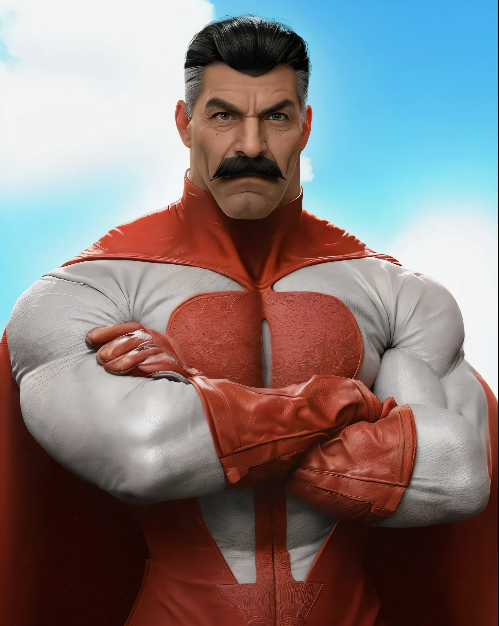 Hombre arafed con bigote y cara bigotuda con traje rojo y blanco, Middle aged superhero, superhero portrait, Supervillano, high detail iconic character, Hombre aficionado, comic character, muscular male hero, superhero body, Omni Man,