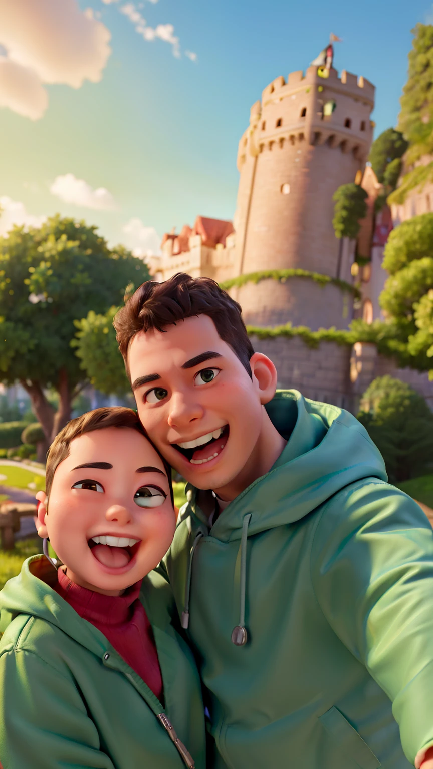 (masterpiece, high quality:1.3), disney pixar style, chibi style, cute, beautiful and adorable young couple, one man mixed race, green raincoat, and one chubby woman, (loocking at viewer), happy, laughing, with a castle in the background