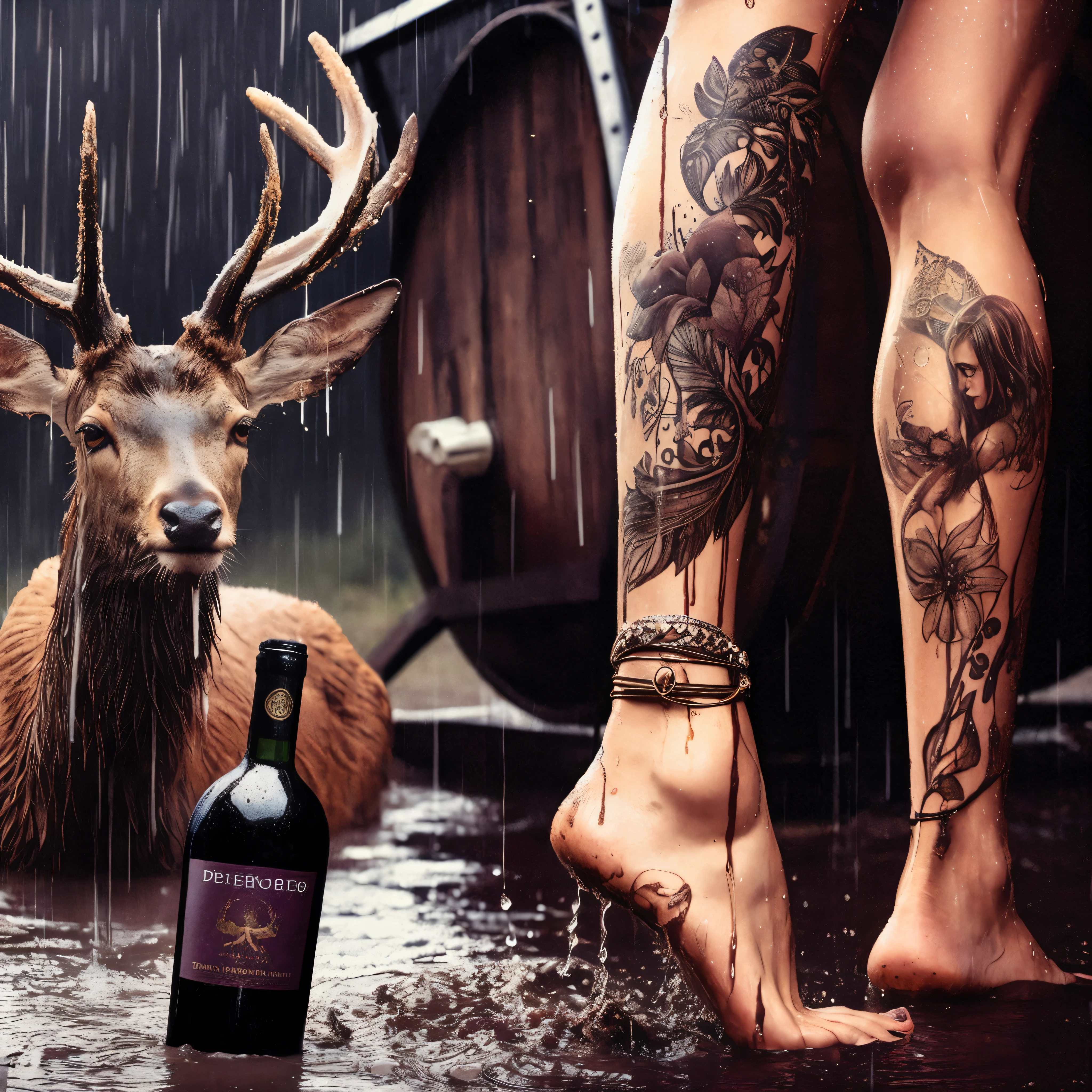 A woman is dancing in the mud and the rain is pouring with wine pouring from a barrel. A deer with large, tattooed horns looks at her and an anklet on her leg, in a wonderful, poetic, picturesque place, in the dim moonlight, a bottle of wine.