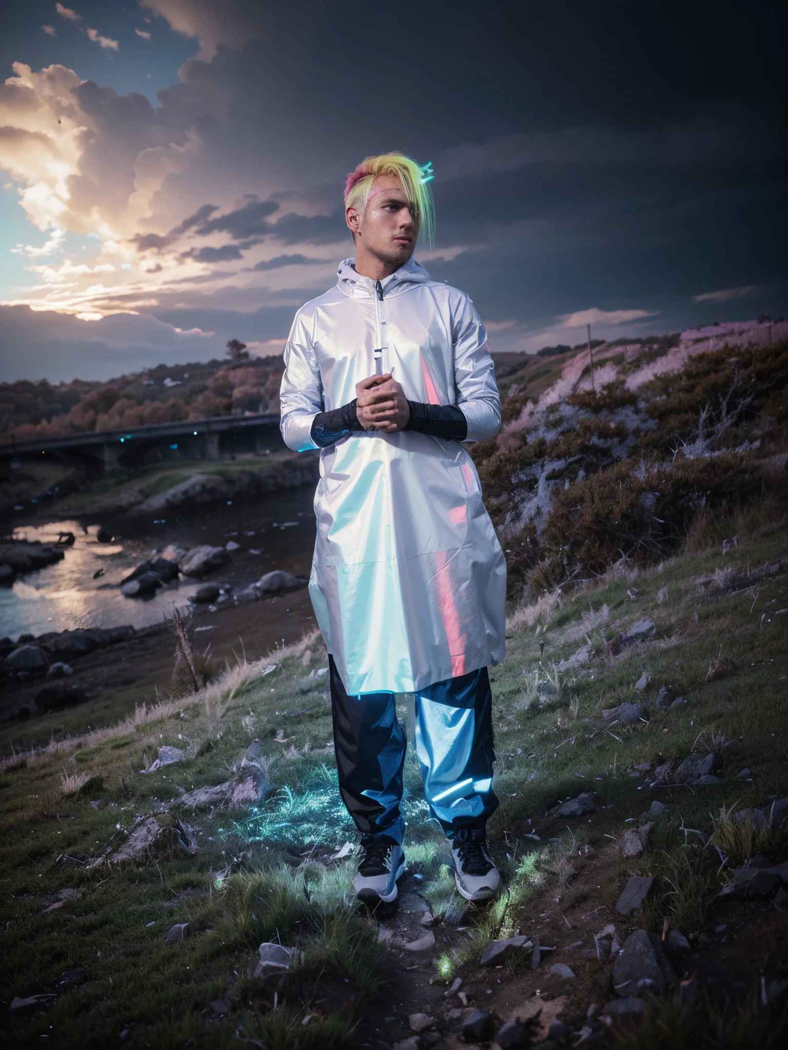 Cyberpunk Tech 8K texture 1boy neon rain hood handsome trousers center bulge abs fluorescent hair (no work on face) , 8k hd --auto