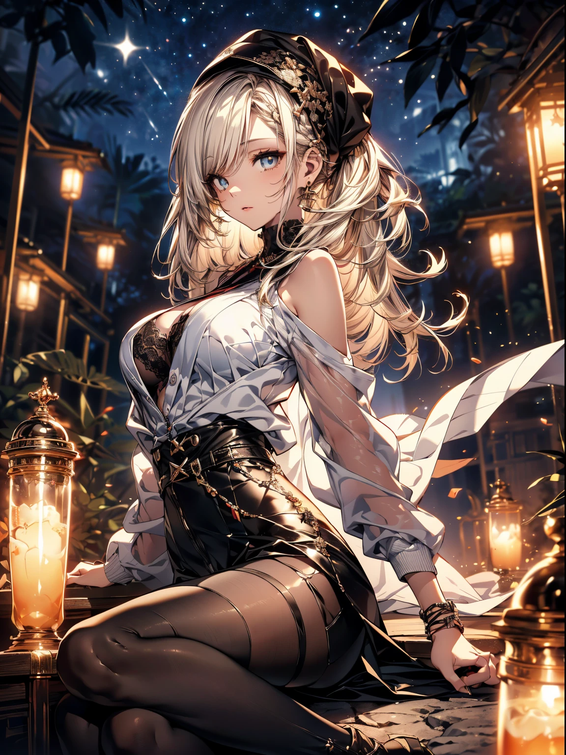 (Spiritual image:1.3), a matured woman with long black hair and a white outfit, (at a rock place in a desert:1.2), (meditating on magic circle under starly sky:1.3, sitting Indian-styles:1.5, Yoga posing:1.1, with opening legs and rising knee:1.5, with cross-legged:1.5, rift and open your arms:1.3, in front of Arabic ancient ruins:1.3), (floating Bible:1.2), Arabic, (Post apocalyptic:0.2), from arknights, artwork in the style of guweiz, bodyesbian, fine details. girls frontline, beautiful anime illustration, from girls frontline, by Yang J, stunning, 28 years old, (milf:1.3), (solo:1.5), (sfw:1.25), (sagging breast, fuge breasts, big tits, thin waist, big ass:1.2), Raised sexy, (dark mahogany medium short hair, updo, hair over one eye, asymmetric hair, Carly hair, low tied braids),(musulman, white Headscarfs, hair bands, head vandage, Turban), (ultra high resolution, 8K RAW photo, photo realistics, thin outline:1.3, clear focus), best qualtiy, cinematic lighting, textile shading, blurry back ground, field depth, bokeh, (Bright pupils, fine detailed beautiful eyes with highlight:1.3, high detailed face), Red lip, fine realistic skins:1.1, looking up sky:1.3, (dynamic angle:1.3, front view:1.1, tight focus:1.3, from below:1.2), (dynamic posing:1.5, sexy posing:1.2, leaning forward), ((open your mouth:1.3, chanting a spell:1.35)), (seductive smiling:0.0), centered image, (wearing white long jacket and clothes, wearing white robes:1.3, ((bare breast:1.37)), platinum ornaments, rolling white clothes around waist, camel-brown long leather boots:1.3, translucent lace pantyhose), (((correct anatomy:1.5))), ((outdoor:1.2, in a night:1.3)),