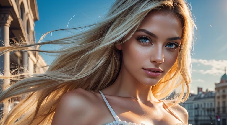 with long blond hair, Slim Body, (large full breasts:1.3), Fair skin, beautidful eyes, (Photo Photorealistic:1.4), Beautiful detail girl, extremely detailed eyes and face, Beautiful detailed eyes, Ultra-detailed, high resolucion, Top Quality, masterpiece, highly detaild, 8K wallpaper, astonishing, delicate detail, Top Quality, light on the face,cinematic lightings, 1girll,beautidful eyes, (Sexy Dress:1.3), hair blowing in the wind, sexy smile,Belgrade,a photo of, intricated details,Fine details,hyper-detailing,spawning,diffused soft lighting, Polaroid style,5D happy modern city street with clear sky,sun,clean air,green,harmony architecture,A feast for the eyes,Immerse yourself in the natural scenery........,