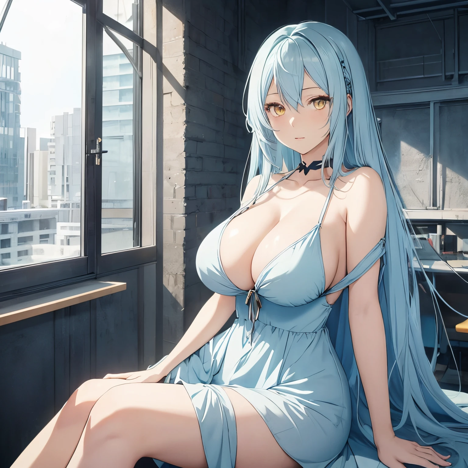 Anime, female, light blue hairs, yellow eyes, long hair, massive boobs, short dress, thigh, bare shoulder, collarbone, sitting, looking at viewer, in building, white dress
