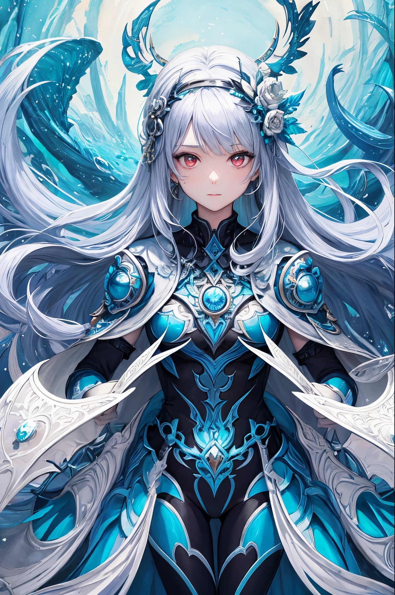 ultra-detailliert、anime illustrated、2D Beautiful Girl、top-quality、Top image quality、​masterpiece、超A high resolution、android beautiful girl、sixteen years old, glowing blue cyber suit,Silvery long-haired、Red Eyes、A slender、The face is depicted in detail、The eyes are very detailed、The clothes are also depicted in detail、hiquality、Beautiful Art、Fantastic Universe、Elaborate design、1人、goddess of herbal medicine、animesque、illustratio、Full body front