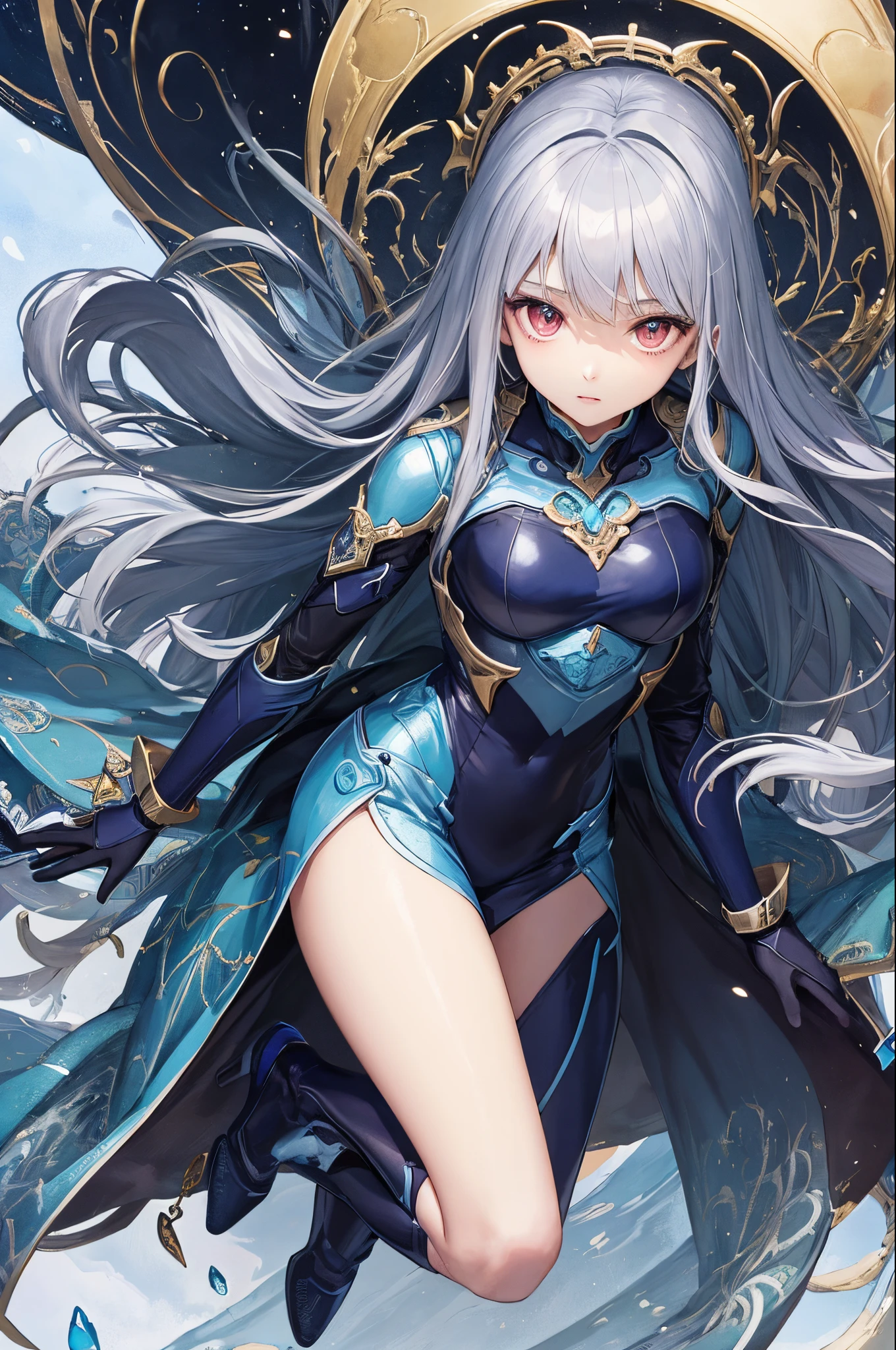 ultra-detailliert、anime illustrated、2D Beautiful Girl、top-quality、Top image quality、​masterpiece、超A high resolution、android beautiful girl、, glowing blue cyber suit,Silvery long-haired、Red Eyes、A slender、The face is depicted in detail、The eyes are very detailed、The clothes are also depicted in detail、hiquality、Beautiful Art、Fantastic Universe、Elaborate design、1人、goddess of herbal medicine、animesque、illustratio、Full body front