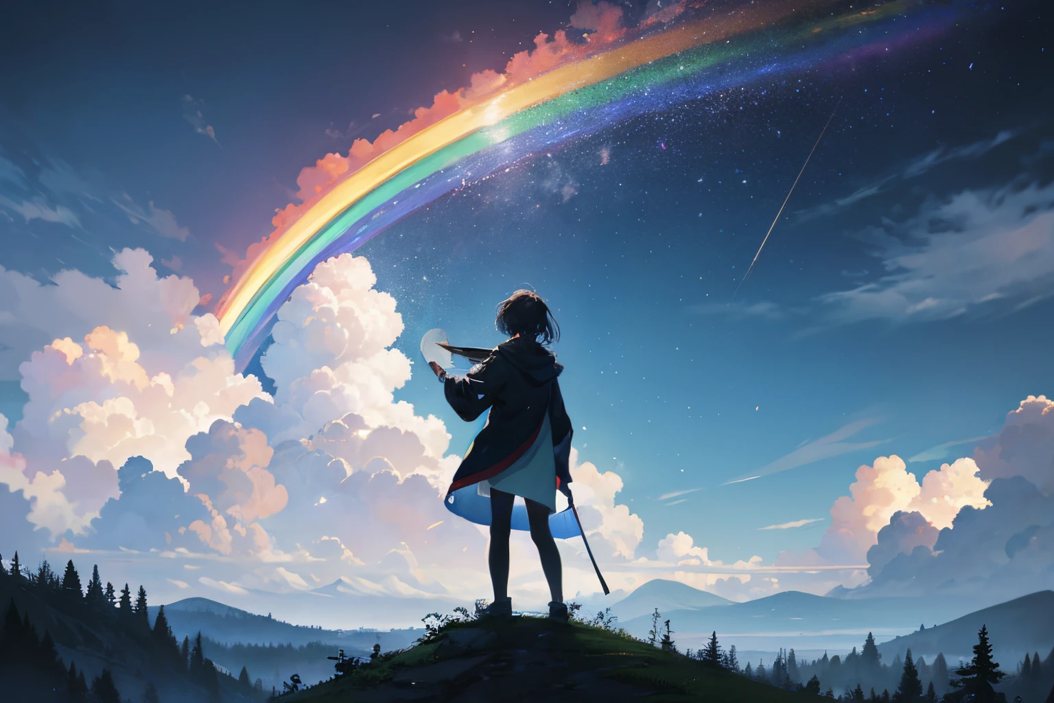 Create exquisite illustrations reminiscent of Makoto Shinkai's style, It has ultra-fine details and top-notch quality. Create high-quality illustrations of breathtaking views after the rain has stopped, Leaving behind a fantastic rainbow that fills the sky. Imagine a young boy or girl gazing at this mesmerizing display。. Infuses the entire artwork with a fantastic and complex atmosphere, pay close attention to detail. The goal is、It&#39;s about capturing the magical moment when the sky turns into a canvas of color after it rains.。, evoking a sense of wonder and awe