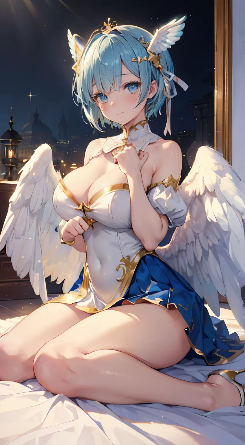 extra detailed face, Perfect Lighting, extremely details CG, 4K、8K、be shy、mournful smile、(Perfect hands, Perfect Anatomy)、Ultra-realistic photo of a girl in a majestic white and golden ball gown dress, Big beautiful dress, Complex puffy ball gown with lots of frills and rhinestones (Best Quality, masutepiece, ((Angel wings:1.2))。 art stations, Fantasy Art:1.2), Palace rooms, Beautiful cute girl, Rem of Rezero、(Blue shorthair:1.3), Bangs hide one eye、(Complex short gold skirt, Bare legs:1.2, Full body shot)、very Bigger breasts、White panties、(Clearly visible detailed female pubic shape: 1.4)、skirt rift、