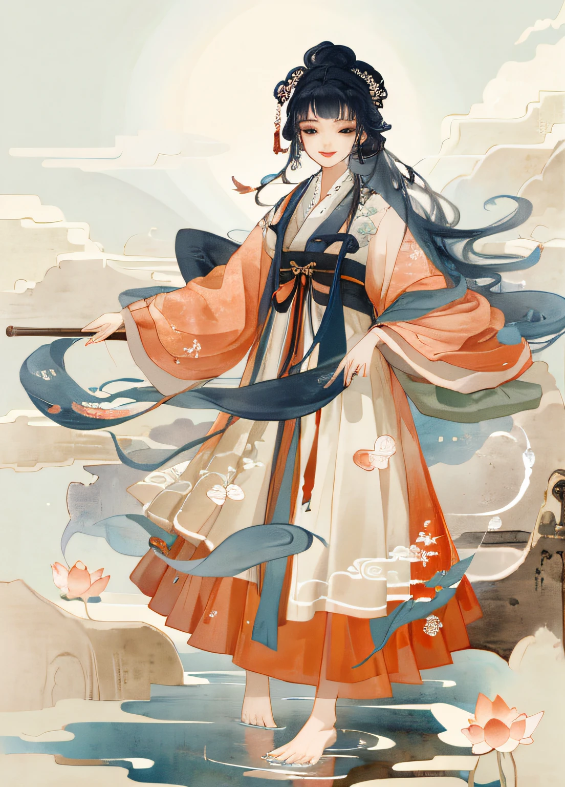 ((4k,masterpiece,best quality)), shuimobysim, traditional chinese ink painting, lotus, hanfu, maxiskit, dress conservatively 1girl, solo, long blue hair, smile, standing, feet in the water, barefoot,