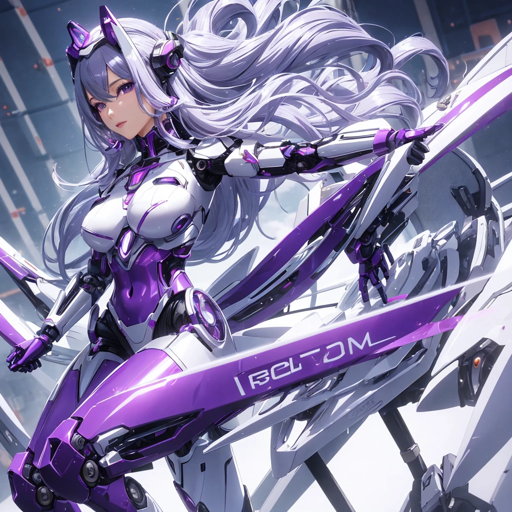 robot woman, Miss SM,.The model is a Japanese woman in her 30s.。.。.。., Long wavy black hair with purple mesh color, Silver metallic robot body, Spherical joints, Mechanical High Heel, Machine ears,.Robotic eyes,.Have a whip., Beautuful Women, Beautiful Android,. top-quality,
