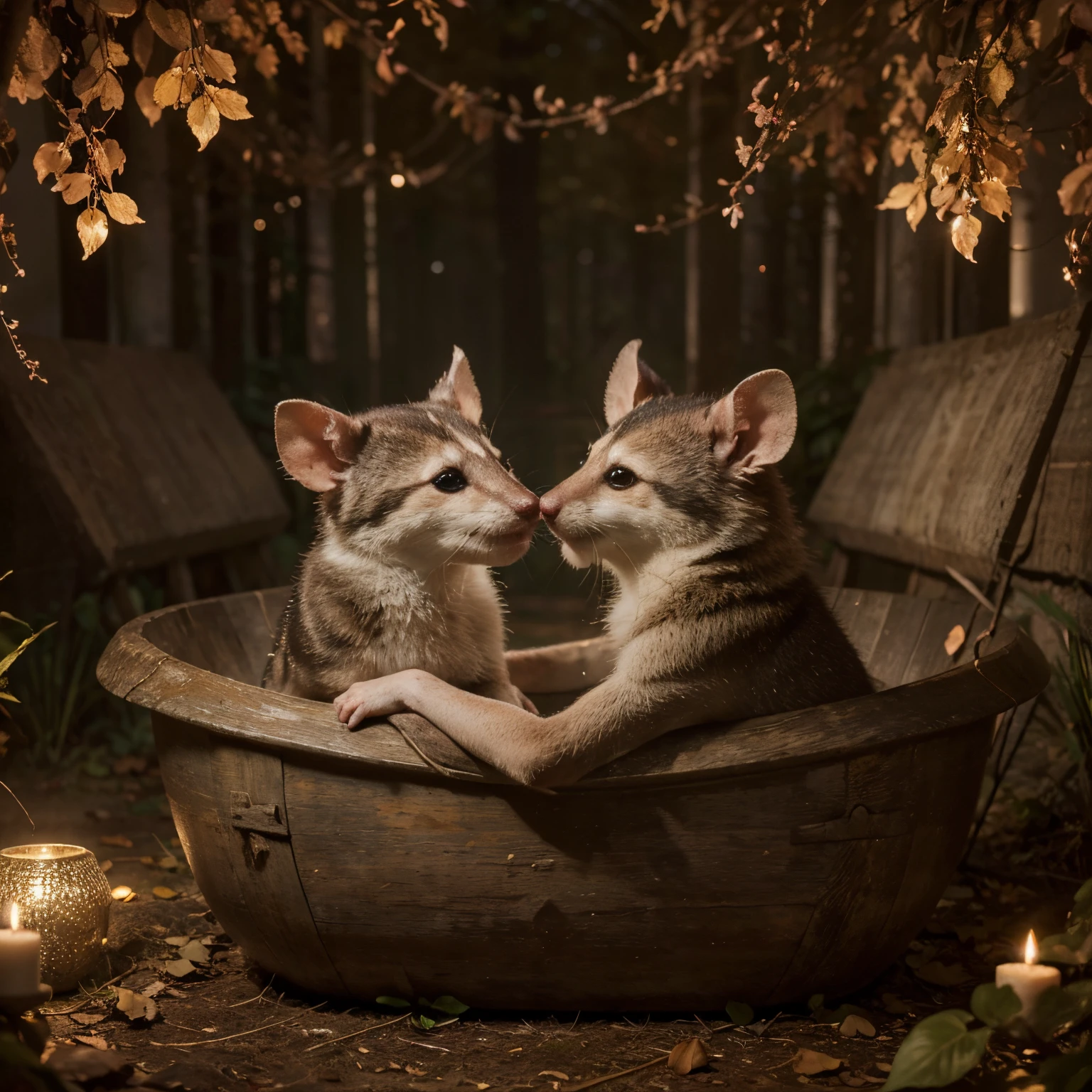 (best quality,4k,8k,highres,masterpiece:1.2),ultra-detailed,(realistic,photorealistic,photo-realistic:1.37),portraits,Romeo and Juliet as possums,lovers in a moonlit forest,delicate furry bodies,curved tails,intertwined paws,expressive eyes,whiskers twitching with emotion,small pointed ears,playful poses,hidden affection,floating petals,soft moonlight,romantic ambiance,bathed in warm colors,mystical atmosphere,dappled shadows,golden highlights,subtle glowing effect