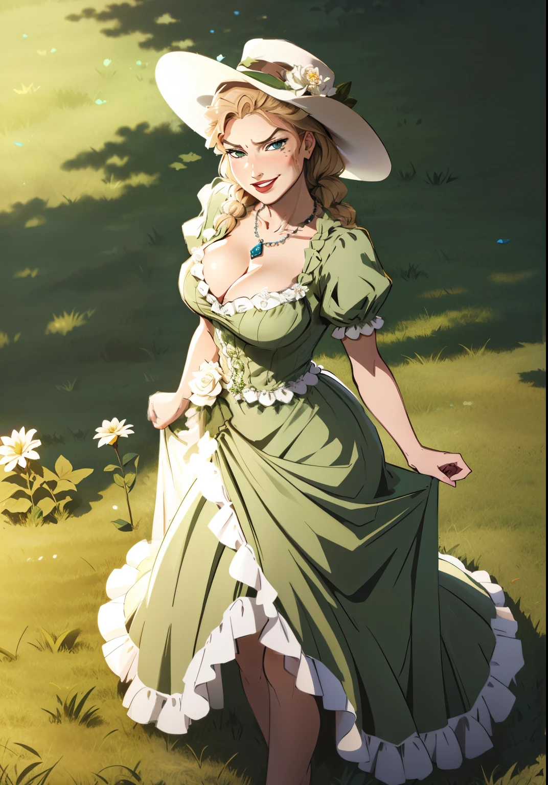 Helga sinclair, in park, green grass,  full body, Large breasts, cleavage, wearing a brown and white Victorian dress, Big white flower hat, evil smirk, glowing blue crystal necklace