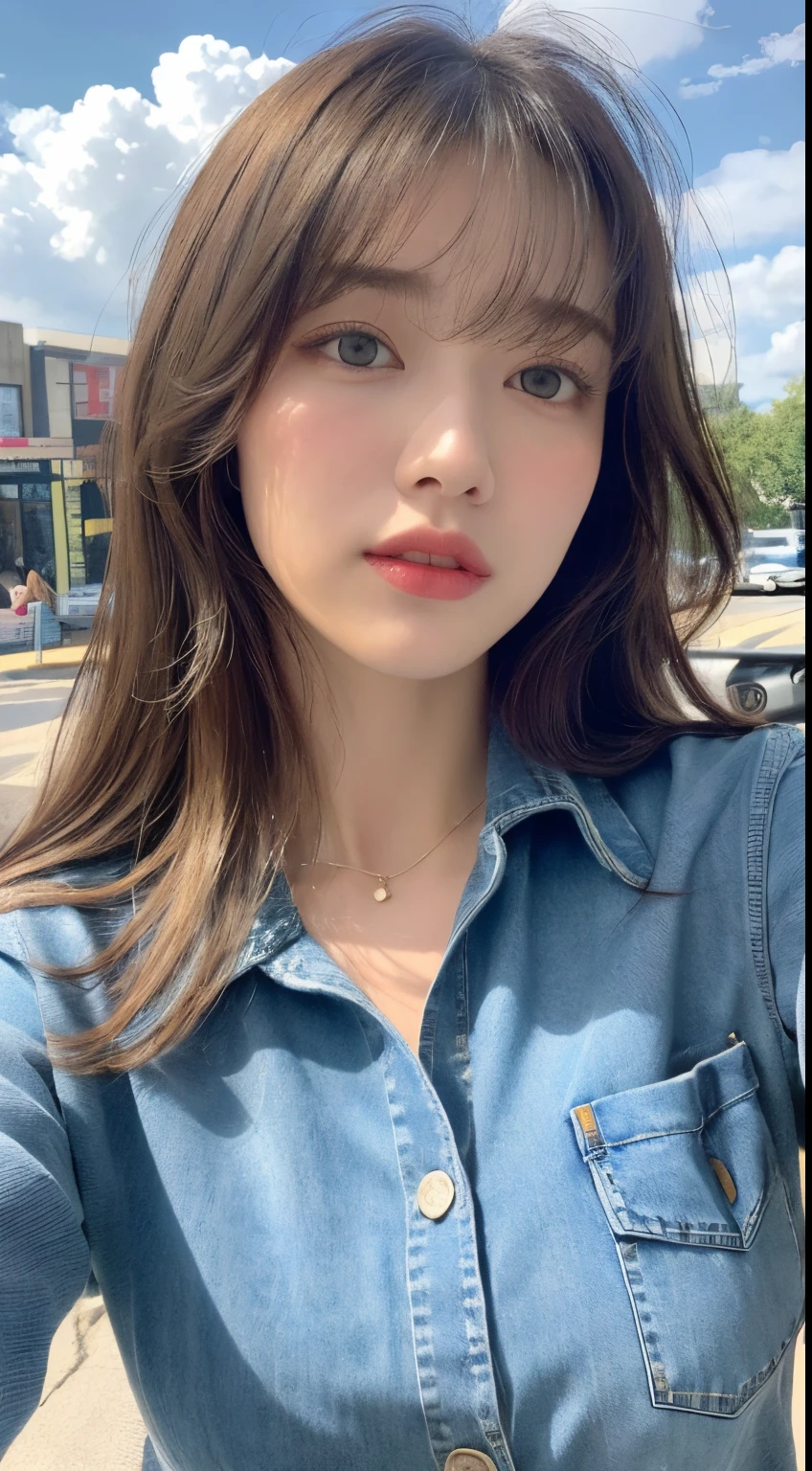 (during daytime、excellent、8K、​masterpiece:1.3)), (high-level image quality)、full body Esbian, Long feet, Focal length: 1.2, Perfect Body Beauty: 1.4, Slim abs: 1.1, ((blondehair, )), (khaki knit、 denim, standingn: 1.2), ((city, Blue sky, white clouds: 1.3)), Detailed face and skin texture, Detail Eye, 二重まぶた,Light bangs、curl hair、wetting hair、Medium Hairstyles