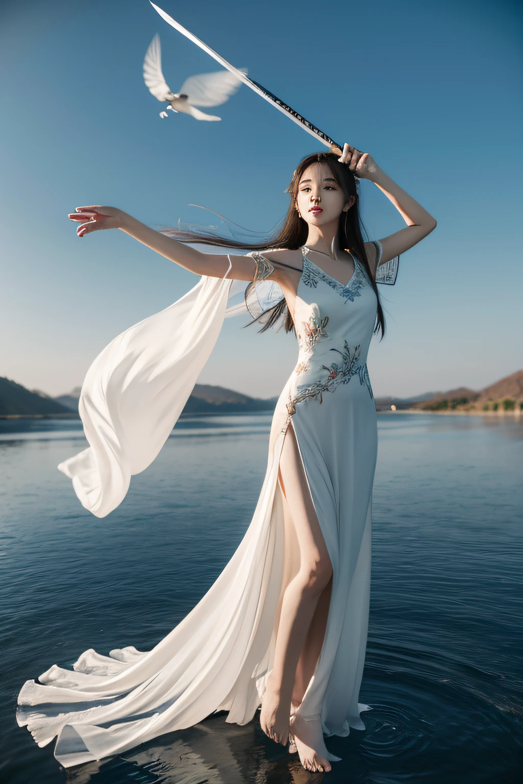 pond side,Chinese beauty with flying long hair,White gauze dress,Flowing hair,flying dress,Flying action,Holding a precious sword,refined,3D