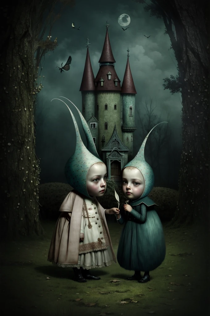 Hay dos personajes de dibujos animados parados frente a un castillo, Anton Semenov, Estilo Alexander Jansson, Inspirado en Nicoletta Ceccoli, por Nicoletta Ceccoli, inspirado por Alexander Jansson, Beeple y Jeremiah Ketner, por Alexander Jansson, Surrealist and fantastic art, benjamin lacombe, por Ray Caesar