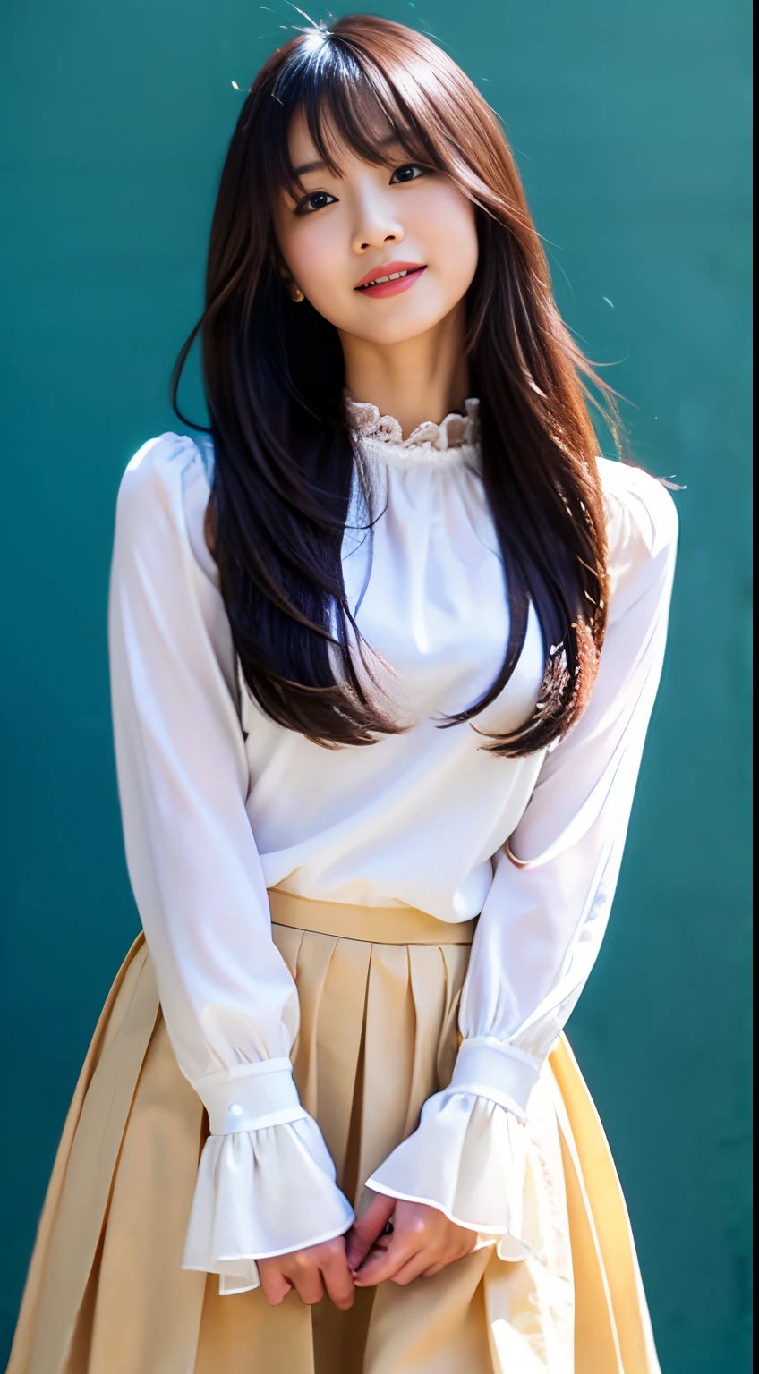 Best-quality, Masterpiece, Ultra-High-Resolution, (Photorealistic:1.4), Raw-Photo, Extremely-Details, Perfect-Anatomy, 1girl, the most famous Japanese model, cowboy-shot, looking at viewer, beautiful smile, wearing white long-sleeve-blouse with frills and pleated long skirt, detailed extremely beautiful face like a most popular Japanese model, detailed extremely beautiful big black solid circle eyes, detailed extremely beautiful hair, detailed extremely beautiful realistic skins, detailed extremely beautiful medium breasts, detailed white long-sleeve blouse with frills, detailed pleated long skirt