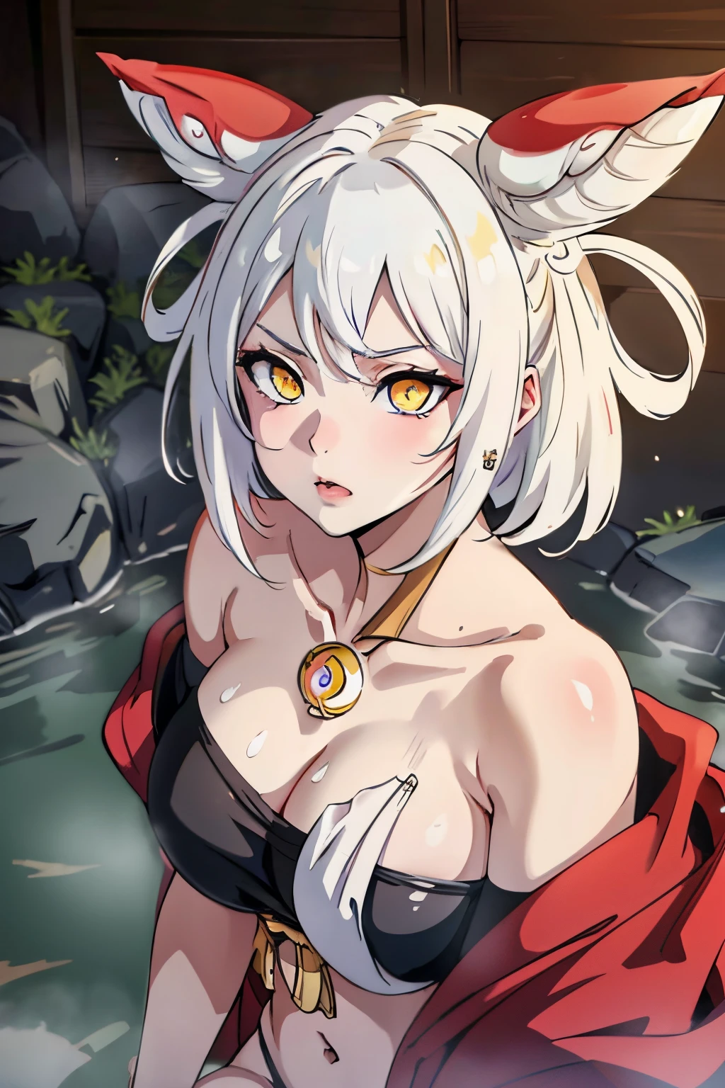 1girl,  white hair, yellow eyes,   portrait, realistic, towel, (onsen), sidelighting, wallpaper, nsfw, white hair, yellow eyes,  (animal ears|red horn:0.85),navel,(masterpiece,best quality:1.5),fiction art, RAW photo, best photo, best photo quality, 8k quality, 8k ultra, fair skin, (bright eyes), detailed eyes, beautiful hair