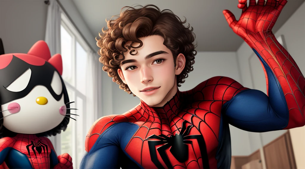 Spiderman hello kitty with curly brown hair as a male
