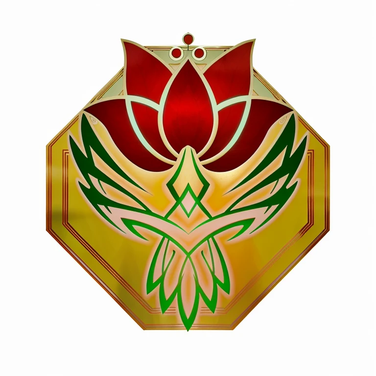un primer plano de una flor roja con hojas verdes sobre un fondo dorado, Modernismo oriental, art deco flower shaman, Emblem of Wisdom, loto, con flores de loto, inspired by Hanabusa Itchō II, Ornamento Art Nouveau, colorido Art Nouveau, Estilo Art Deco Medieval, imperial symbol, Mandala de loto, art nouveau art deco, motivos imperiales brillantes