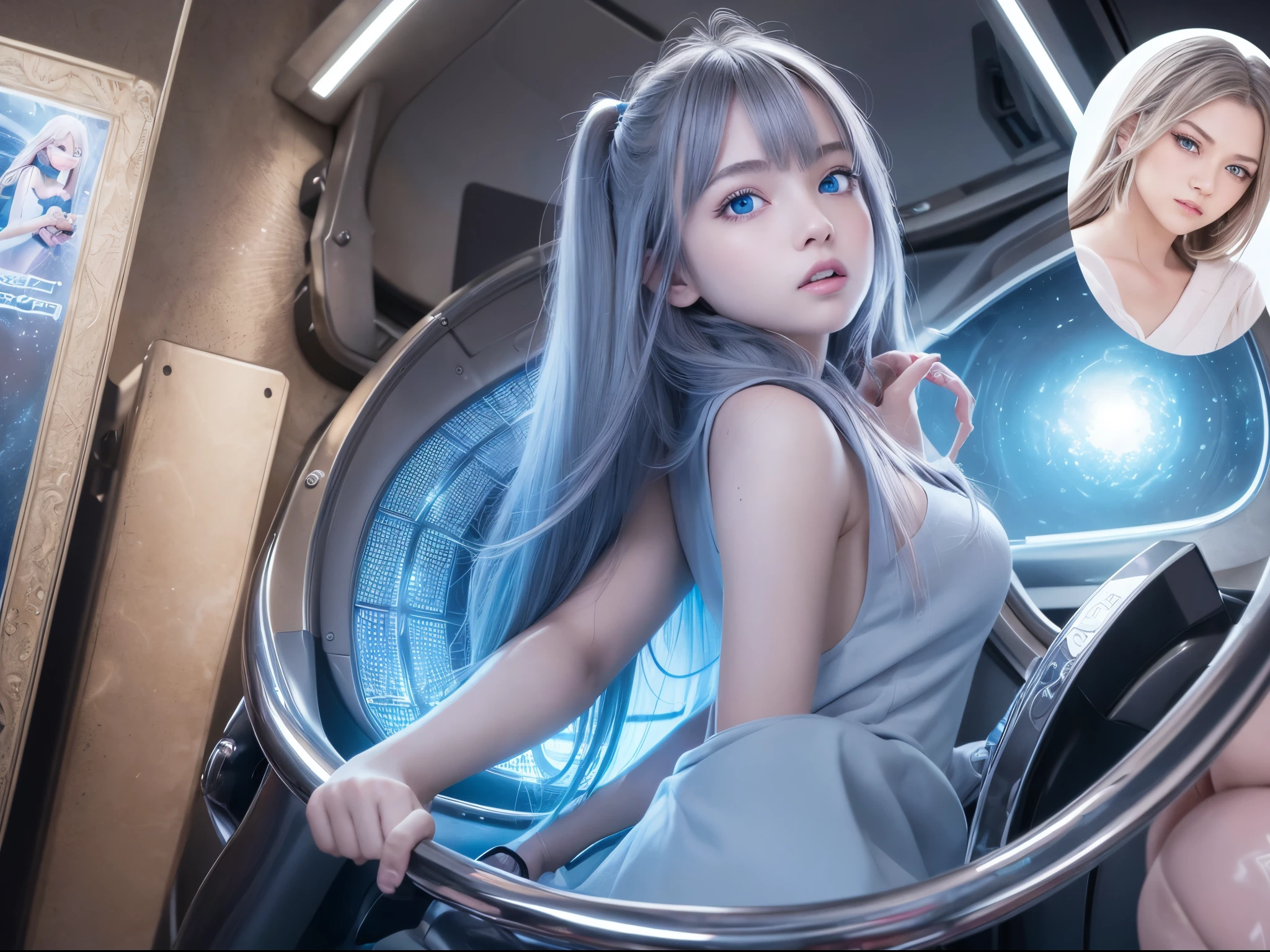 (masterpiece), realistic, cinematic light,  girl, ride a screaming machine, with stuffed monkey, Disneyland, ultra miniskirt, full body, from below and side, beautiful eyes, silver hair, perfect anatomy, very cute, (blue eyes) , bioluminescence, 8 life size,8k resolution, human hands, elegant, approaching perfection, dynamic, highly detailed, character sheet, concept art, smooth, facing directly at the viewer positioned so that their body is symmetrical and balanced, stunningly beautiful teenage girl, detailed hairstyle, fractal art, god ray, her eyes tear up as she hold back the pain, open mouth and stick out tongue, UFO, rainbow, naked