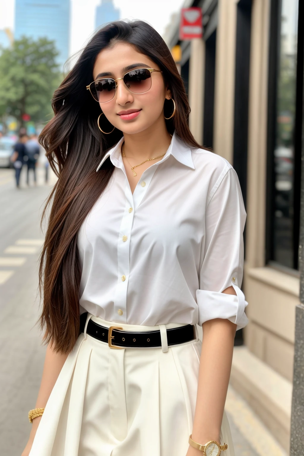 Instagram photo, 14 years old girl named reema khan, wearing chic outfit, closeup photo taken on iphone 15, perfect body, looking at viewer, sunkissed, sunlight, busy city streets, slight smile