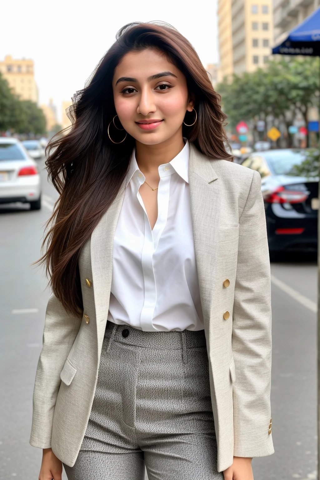 Instagram photo, 14 years old girl named reema khan, wearing chic outfit, closeup photo taken on iphone 15, perfect body, looking at viewer, sunkissed, sunlight, busy city streets, slight smile