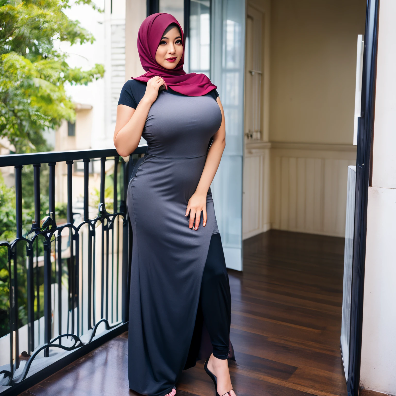 45 Years old, Hijab Indonesian woman, Gigantic boobs : 17.9, wearing Gamis, Tight Gamis, full body, at Balcony Apartment, Seductive pose, curvy body, corrected body, corrected hand, corrected legs.