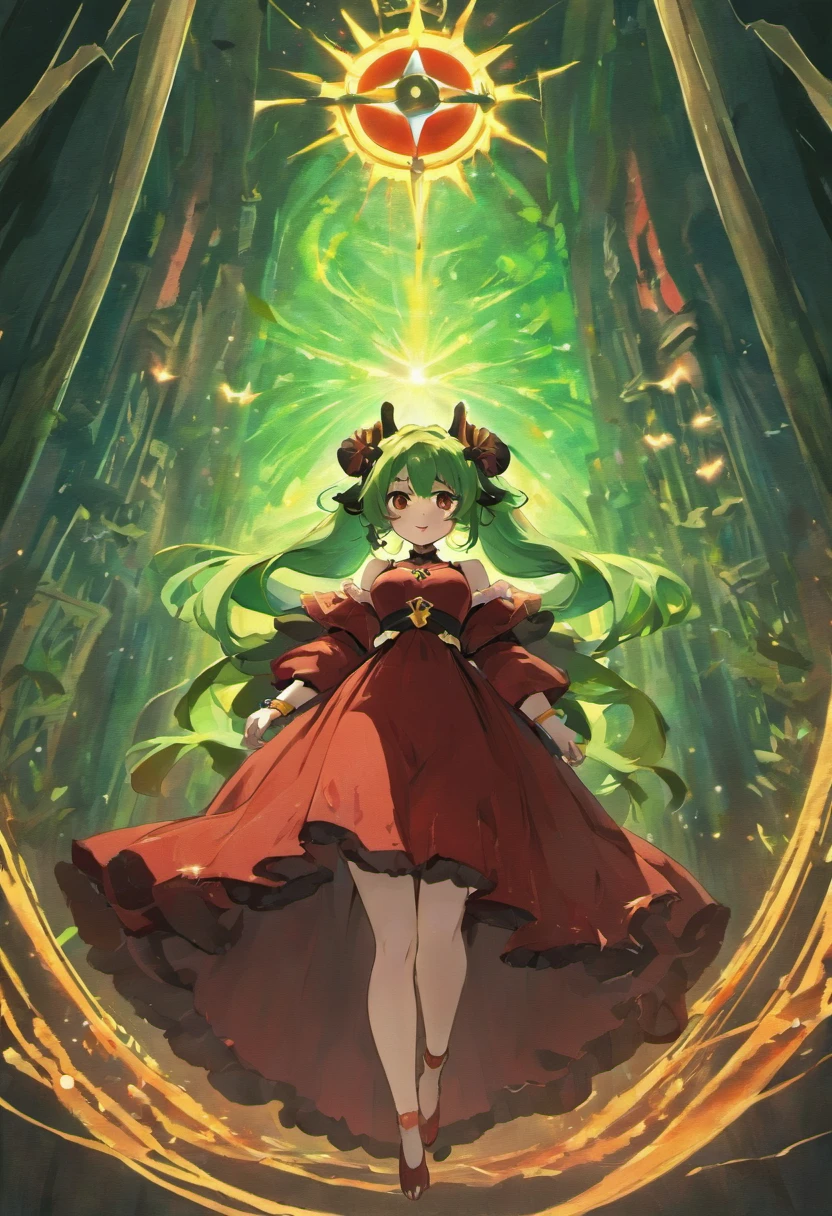 ((Masterpiece)), (Best Quality), ((Super Detail)), Illustration, ((Very Delicate and Beautiful)), ((solo)), Dynamic Angle, Looking back at viewer, anime moe artstyle, (enigmatic and cunning), ((Crimson red eyes)), ((Deep forest green hair)), (bob cut hair), ((Twin pitch black demon horns)), (otherworldly), exceptionally beautiful, ((queen)), ((plump)), big breasts, (curvy), ((voluptuous)), (ethereal spirit), ((velvet dress), ((flowing ruffled dress)), ((Green Dress with Red trim)), ((((Green and Red Dress)))), (gorgeous Blue necklace jewelry), (predatory smile), (high quality), volumetric lighting, ((spiritual plane)), ((((ethereal background)))), Ethereal Heavenly halls background