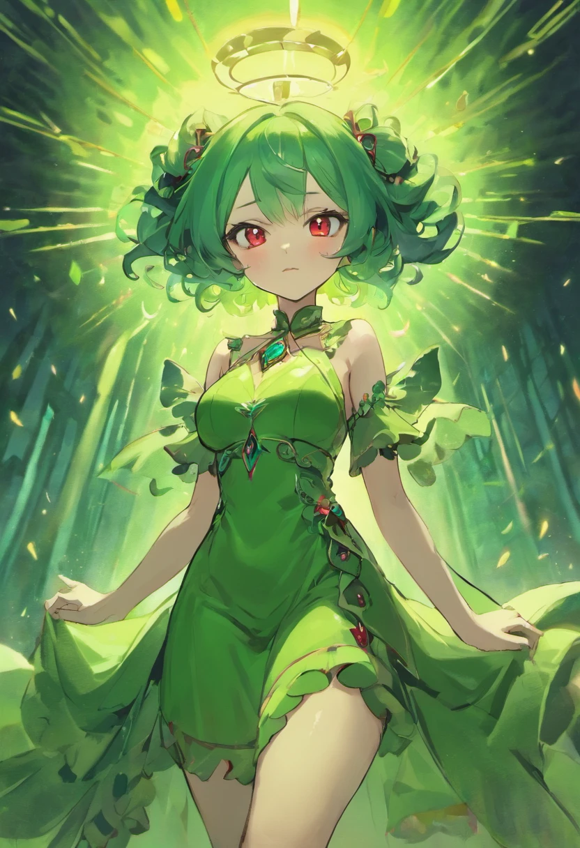 ((Masterpiece)), (Best Quality), ((Super Detail)), Illustration, ((Very Delicate and Beautiful)), ((solo)), Dynamic Angle, Looking back at viewer, anime moe artstyle, (enigmatic and cunning), ((Crimson red eyes)), ((Deep forest green hair)), (bob cut hair), ((Twin pitch black demon horns)), (otherworldly), exceptionally beautiful, ((queen)), ((plump)), big breasts, (curvy), ((voluptuous)), (ethereal spirit), ((velvet dress), ((flowing ruffled dress)), ((Green Dress with Red trim)), ((((Green and Red Dress)))), (gorgeous Blue necklace jewelry), (predatory smile), (high quality), volumetric lighting, ((spiritual plane)), ((((ethereal background)))), Ethereal Heavenly halls background