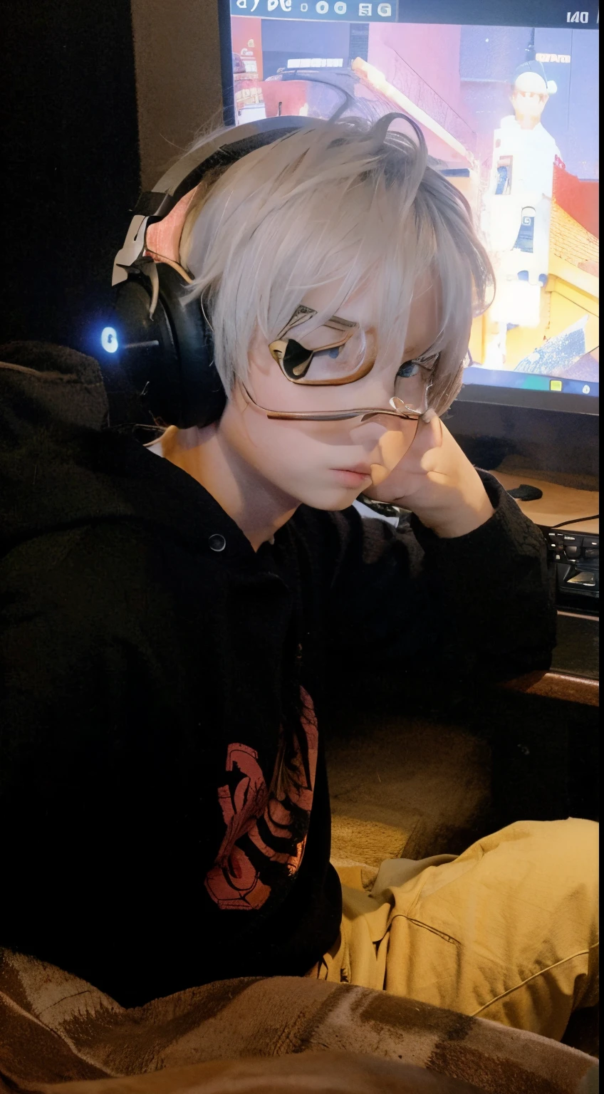 there is a boy in a white wig and headphones holding a cell phone, cabello blanco ondulado desordenado, pintar ulzzang, con el pelo largo y blanco, vibraciones de anime, inspirado en anime, estilo anime masculino, chico anime, flequillo blanco, xqc, con pelo largo y blanco, como personaje de anime, handsome japanese demon boy, aesthetic anime, pelo blanco, pelo blanco plateado