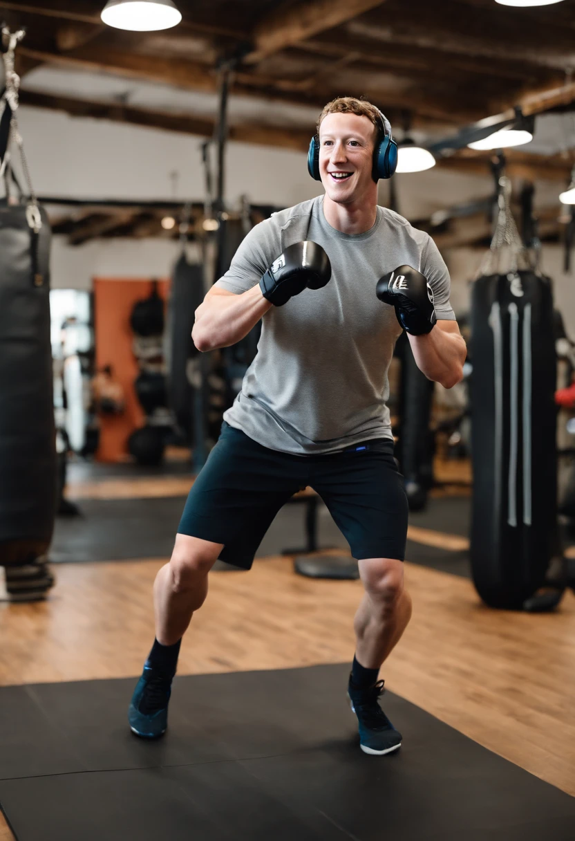 A photo of Mark Zuckerberg in a mixed reality gym, wearing a high-tech mixed reality headset and gloves, executing a combination of martial arts moves with precision and determination.,original,Zuckerberg maintains a notably consistent personal style, famously known for his simple gray t-shirts and hoodies, which reflect his utilitarian approach to life and work. He has a youthful, clean-cut look with short, curly hair and typically wears jeans or casual trousers, projecting an image of approachability that aligns with the casual culture of Silicon Valley.