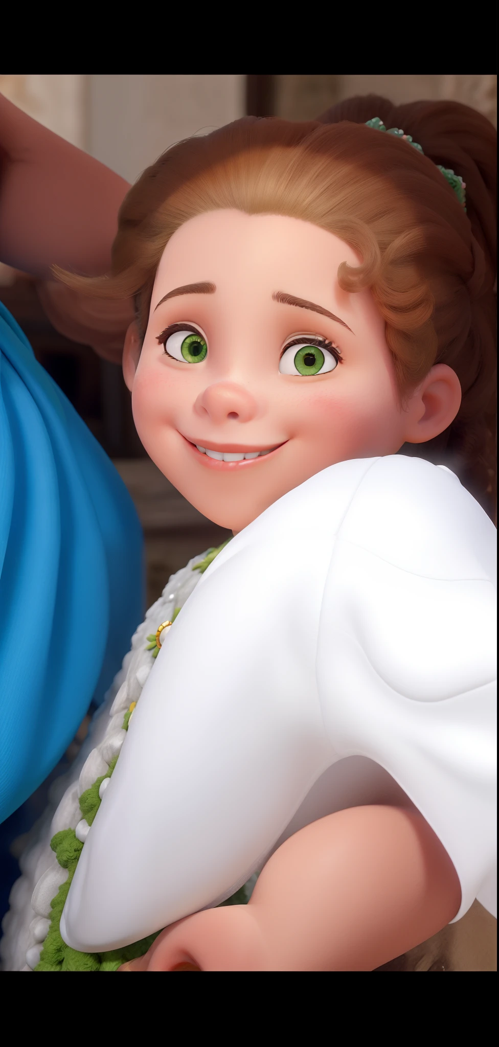 Obra-prima, de melhor qualidade., uma 2 anos, pele morena clara, cabelos cacheados curto castanhos com uma coroa Prata, vestido de princesa verde,com um castelo no fundo,