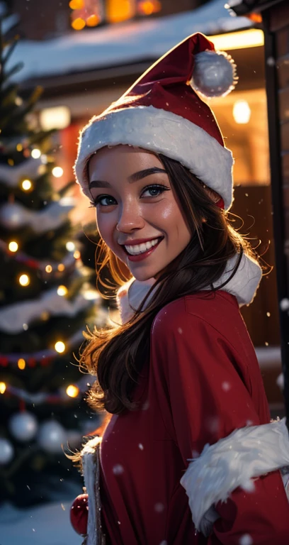 Christmas red Santa dress outfit, snow background, Christmas trees background, amazing Christmas lights, big smile, Christmas gifts, 8k cinematic, volumetric lighting, light sparkles particles