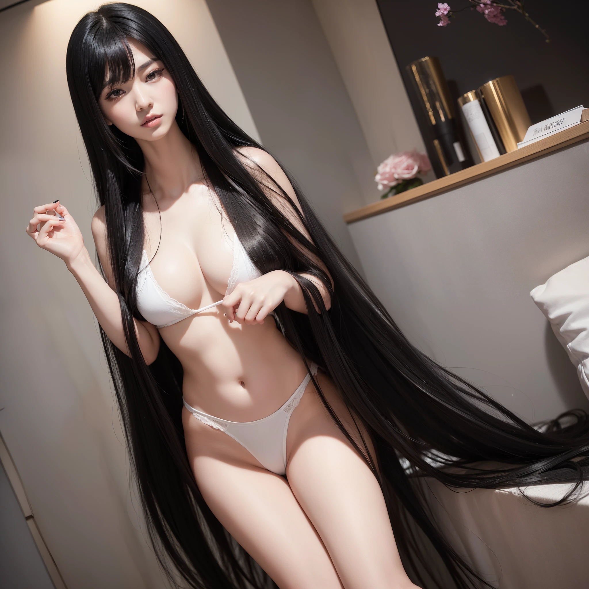 (Top image quality、top-quality、Top resolution、hyper realistic photography、Full body photo、masterpiece、)1girl in、Amazingly long black hair is super beautiful、hair length about 3 meters、White underwear or naked、Hide the whole body with straight black hair、Very beautiful face、well-groomed beautiful black hair、very large amount of hair、Has very long black hair that emphasizes sex appeal as a woman、slim figure、Lustrous beautiful hair、Bright lighting、profetional lighting、Winner of the World Long Hair Contest、Full body real photo、Head-to-toe photo、Photo taken from about 4 meters away、Super Real、Two hands、2 legs、5 fingers、The longest black hair in the world、Hair is heavy and tired、Hair longer than Rapunzel、very large amount of hair、I hide my whole body with very long black hair、Hair that is shampooed every day is very clean、Hair smells of roses、my sexiness is、I have very long black hair、My attraction is、I have very long black hair、Long black hair is a symbol of beauty、My pride is very long black hair、This long hair length and amount is admired all over the world、My very long black hair is spread out in a fan shape、Facing backwards、Sleeping face down、Silky black hair flowing from the shoulders to the floor、I always drag my long black hair when I walk、Many beautiful women are trying to cut my long black hair short.、