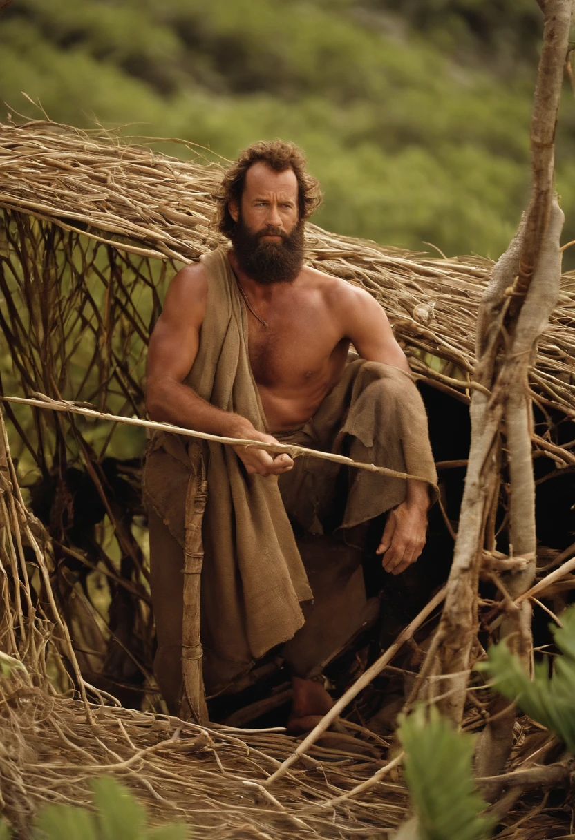 An aerial shot of a makeshift shelter constructed from natural materials on the deserted island.,Cast Away (film),Chuck Noland, portrayed by Tom Hanks in the film “Cast Away,” is currently stranded on a deserted island in the Pacific Ocean.  Sunburnt and bearded, with long, unkempt hair, his physical condition reflects the harsh realities of island survival. He has a rugged, weathered look, with tattered clothes and a leaner physique due to the scarcity of food.