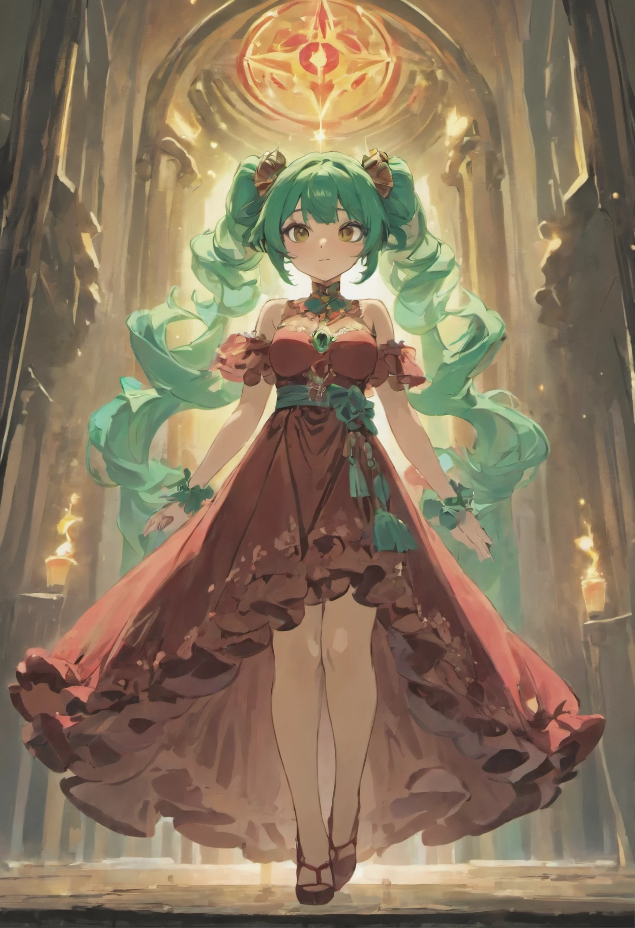 ((Masterpiece)), (Best Quality), ((Super Detail)), Illustration, ((Very Delicate and Beautiful)), ((solo)), Dynamic Angle, Looking back at viewer, anime moe artstyle, (enigmatic and cunning), ((Crimson red eyes)), ((Deep forest green hair)), (bob cut hair), ((Twin pitch black demon horns)), (otherworldly), exceptionally beautiful, queen, ((plump)), big breasts, (curvy), ((voluptuous)), (ethereal spirit), ((velvet dress), ((flowing ruffled dress)), ((Green Dress with Red trim)), (((Red and Green Dress))), (gorgeous Blue necklace jewelry), (predatory smile), (high quality), volumetric lighting, ((spiritual plane)), ((((ethereal background)))), Ethereal Heavenly halls background
