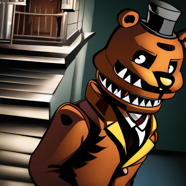 Five nights at freddys pizzaria, ruin pizzaria, glowing animatronic eyes in the dark, freddy fazbear
