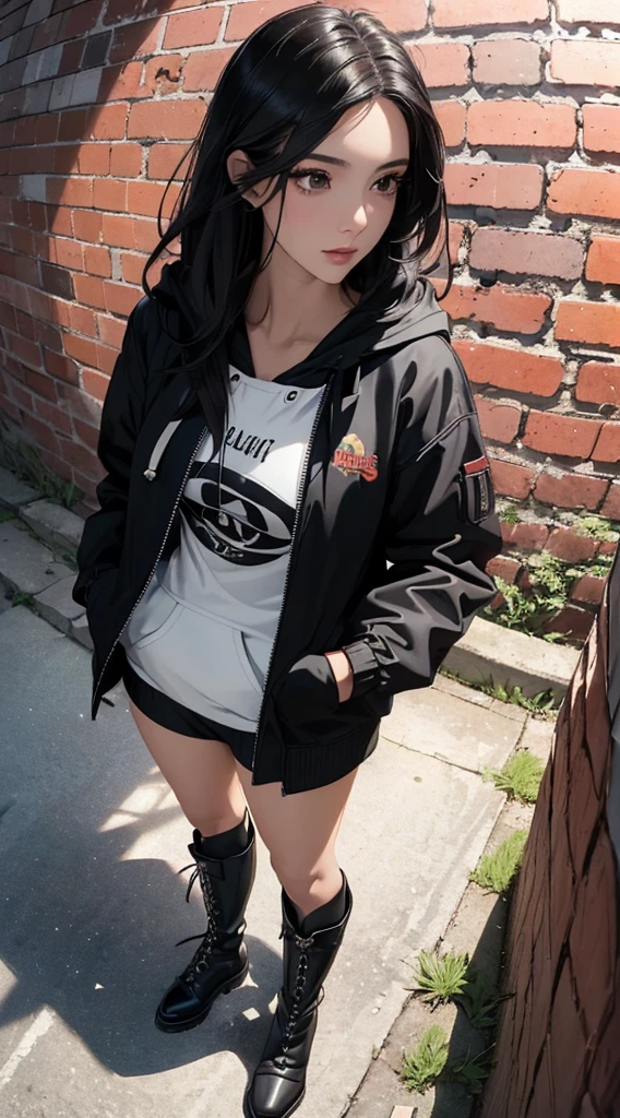(((8k wallpaper of extremely detailed CG unit:1.2, ​masterpiece, hight resolution:1.2, top-quality:1.2, masutepiece))), ((a very beautiful woman, Street fashion:1.5, Wearing a hooded jacket:1.3, Wearing boots:1.3, Hands in pockets:1.8)), ((extra detailed face, Highly detailed black eyes, extra detailed body, Top quality real texture skins)), (A dark-haired:1.2, straight haired:1.2, The long-haired, de pele branca), ((Alley without people, Mileland, surrounded by a brick wall:1.2)), (high-angle:1.2, a closeup, Fisheye:1.4), hyper realisitic, digitial painting,