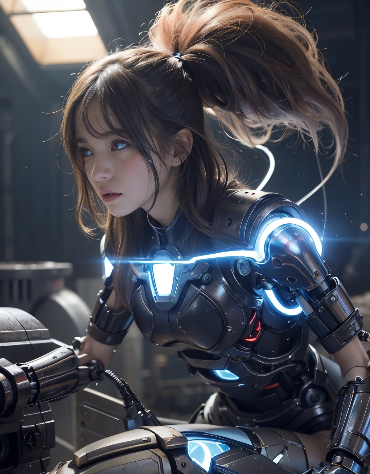 (1 Mechanical Girl)、top-quality、masterpiece、超A high resolution、(Photorealsitic:1.4)、Raw photo、女の子1人、Fight mutants、glowy skin、(((1 Mechanical Girl)))、With a beautiful knife、(Red Metal Bodysuit)、(Fight goblings、ogre、Fierce battle with orcs),(Fight fiercely against aliens)、Fight fiercely、(beautiful forest background)、(Fighting Demonic Beasts)、(Small LED)、((super realistic details))、portlate、(Strong giant demon beast background),globalillumination、Shadow、octan render、8K、ultrasharp、Colossal tits、Raw skin is exposed in cleavage、metals、Details of complex ornaments、Japan details、highly intricate detail、Realistic light、(Mystical expression),CGSoation Trends、Blue eyes、radiant eyes、Facing the camera、neon details、(Mechanical limbs)、(blood vessels connected to tubes)、(Wires and cables connecting to the head)、Small LED、,Mechanical thighs、Toostock、(Hands are also made of machines)、(Attack of the Monster Beasts)、