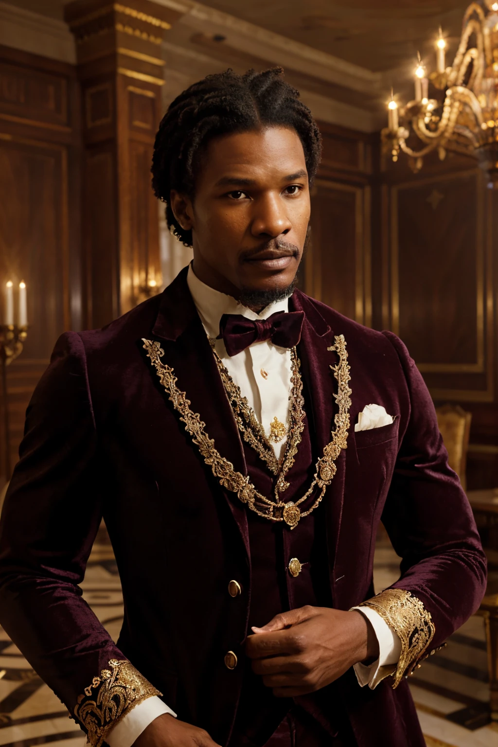 Jamie Foxx, afro-american man, British Victorian Lord, nobleman clothes, detailed facial features, charismatic expression, luxurious velvet suit, gold embroidery, elaborate ruffled collar, regal posture, dimly lit ballroom, antique chandelier, polished marble floor, ornate wooden panels, grandeur ambiance, vibrant colors, dramatic lighting, hauntingly beautiful portrait