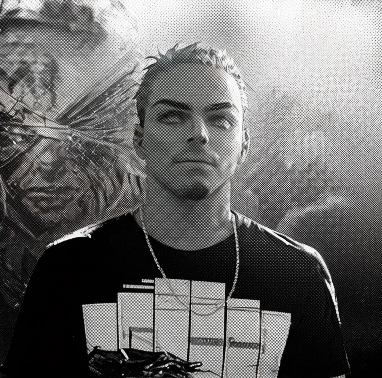 Homem cyberpunk, efeito neon, metais na pele, ambiente escuro, High definition photo,