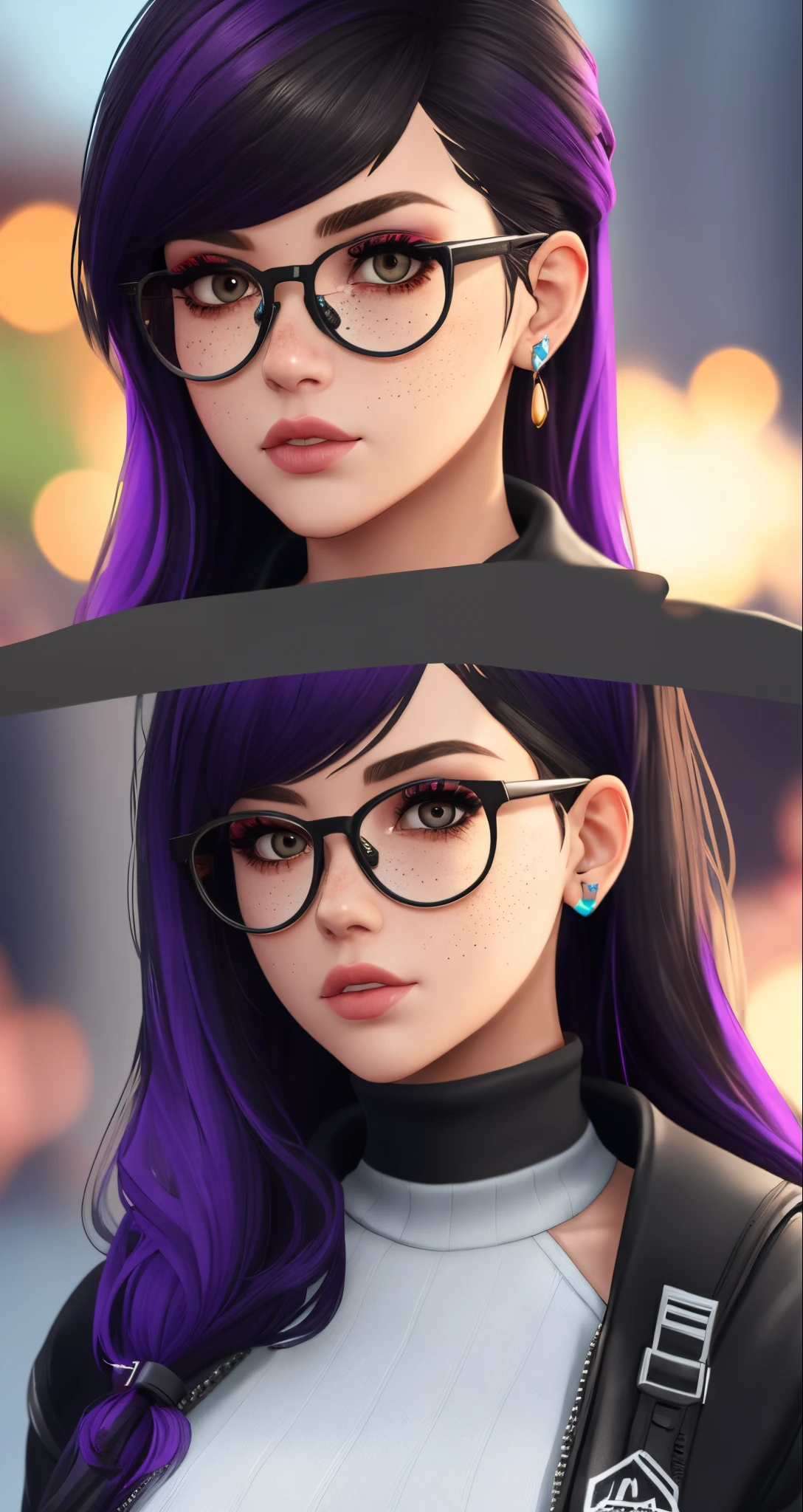 3D Female Fortnite character with black and purple stripped hair with bangs and pale skin with light freckles and black glasses and brown eyes
