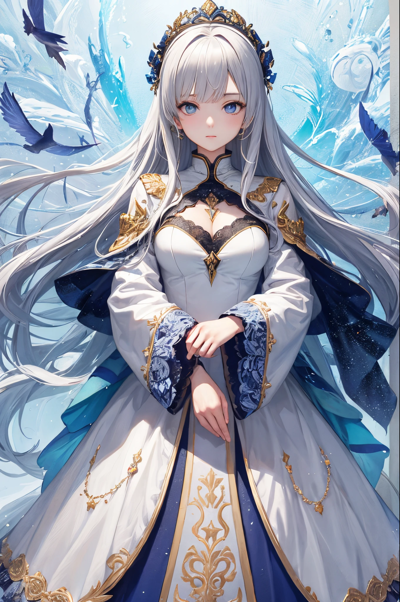 ultra-detailliert、anime illustrated、2D Beautiful Girl、top-quality、Top image quality、​masterpiece、超A high resolution、android beautiful girl、sixteen years old, Glowing white cyber suit,Silvery long-haired、Blue Eyes、A slender、The face is depicted in detail、The eyes are very detailed、The clothes are also depicted in detail、hiquality、Beautiful Art、Fantastic Universe、Elaborate design、1人、sun goddess、animesque、illustratio、Full body front
