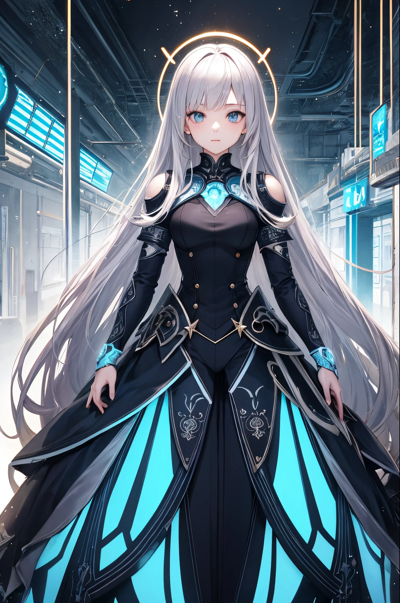 ultra-detailliert、anime illustrated、2D Beautiful Girl、top-quality、Top image quality、​masterpiece、超A high resolution、android beautiful girl、sixteen years old, Glowing white cyber suit,Silvery long-haired、Blue Eyes、A slender、The face is depicted in detail、The eyes are very detailed、The clothes are also depicted in detail、hiquality、Beautiful Art、Fantastic Universe、Elaborate design、1人、sun goddess、animesque、illustratio、Full body front