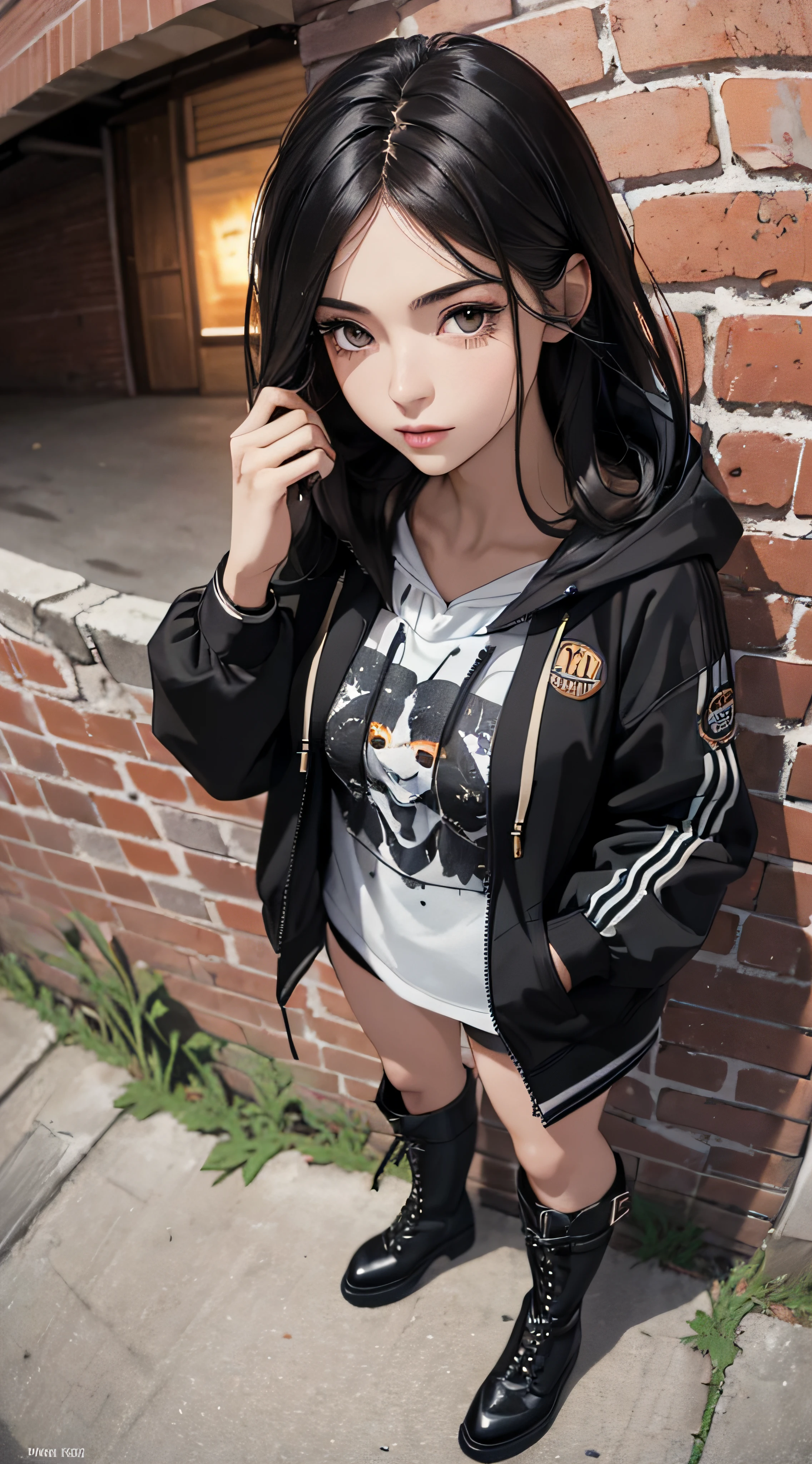 (((8k wallpaper of extremely detailed CG unit:1.2, ​masterpiece, hight resolution:1.2, top-quality:1.2, masutepiece))), ((a very beautiful woman, Street fashion:1.5, Wearing a hooded jacket:1.3, Wearing boots:1.3, Hands in pockets:1.8)), ((extra detailed face, Highly detailed black eyes, extra detailed body, Top quality real texture skins)), (A dark-haired:1.2, straight haired:1.2, The long-haired, de pele branca), ((Alley without people, Mileland, surrounded by a brick wall:1.2)), (high-angle:1.2, a closeup, Fisheye:1.4), hyper realisitic, digitial painting,