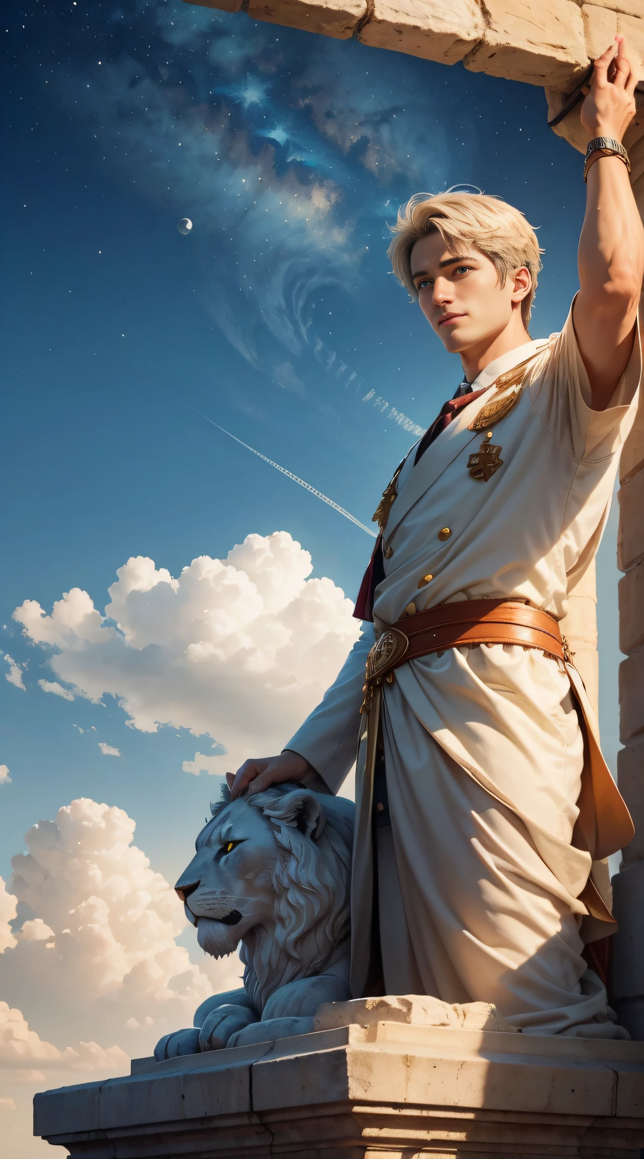 The figure of Constantine the Great, the Roman Emperor who has been revived in this day and age。young adult male。Bright and sharp eyes。his left eye is green、The right eye is scarlet。beside him、A lion and a lamb cuddling together are relaxing。The bright sun is rising。looking up at the blue sky。smiling kindly。a well-known international journalist、Also everyday people々He is also a warm travel writer who is close to the lives of people.。Competent and has ambition, passion and belief in his work.。Honest and kind, but cold and unforgiving when necessary.、He has a resolute personality.。jerusalem background。masterpiece。ultra-quality。The mutual complementarity of heavenly love and living on earth。