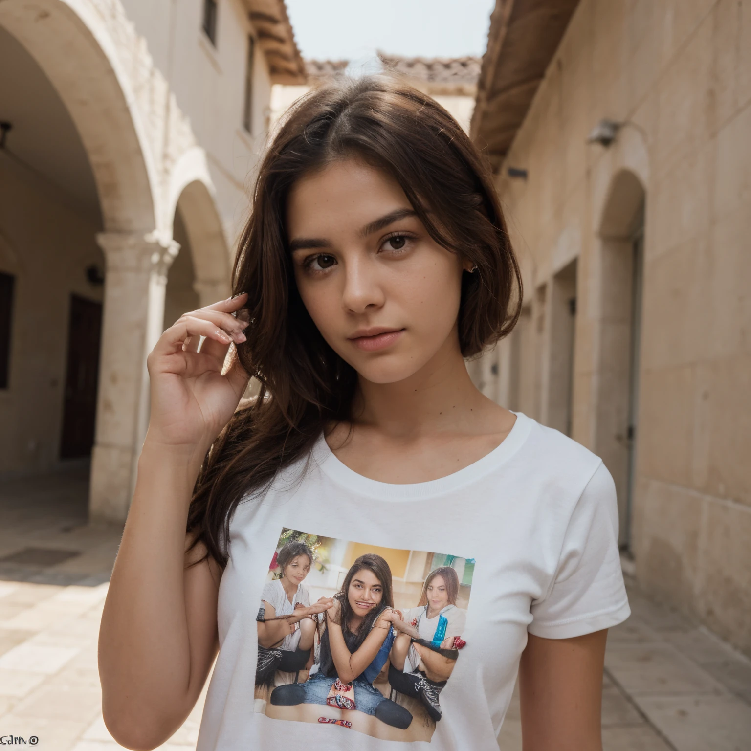 (8k, Foto RAW, La mejor calidad, Obra maestra:1.3),(real,Foto:1.37),(brown-hair),pose,1girl,Cara muy bonita,Lindo,(Small),(Baja las manos))),Peinado Poggy,sexual expression,(camiseta blanca),JK_estilo,(Track Shorts) ,brown-hair,(Age 17 years),Modesto,Cinco dedos,manos normales,small mouth,cabello lacio