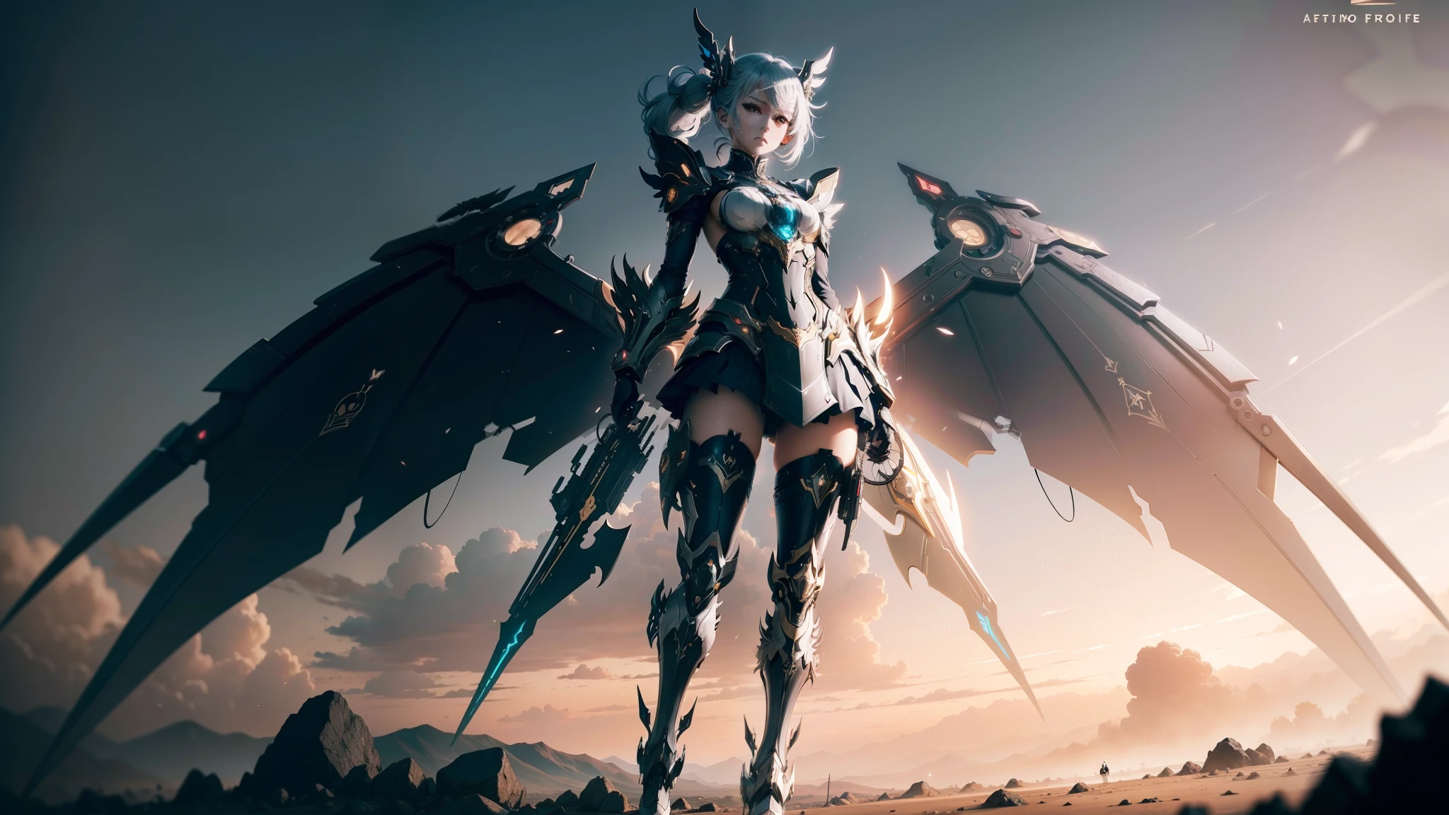 Anime character with clock on background, best anime 4k konachan wallpaper, warframe art, Detailed key anime art, Exquisite War Frame Fan Art, 8k hd wallpaperjpeg artifact, 8 k hd wallpaperjpeg artifact, anime epic artwork, high detailed official artwork, Anime Mecha Aesthetics, covered in full silver armor, Detailed War Frame Fan Art、Feminine silhouette、(giant mechanical wings)、