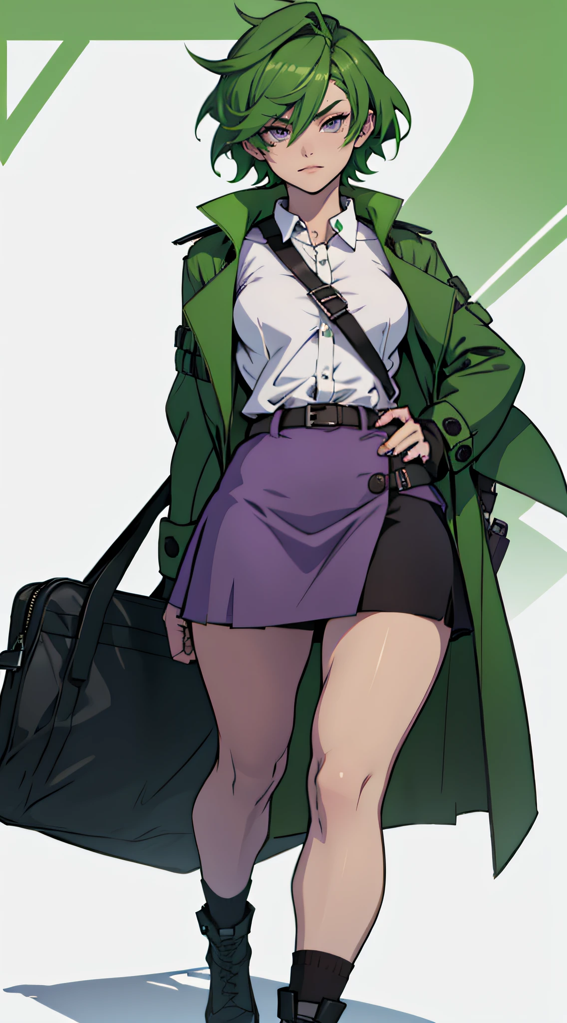 1 girl with short green hair, braided hair, (violet eyes), wearing a big coat and a small skirt, thick thighs,