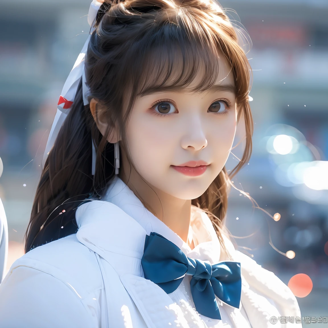 there is a woman with long hair wearing a white jacket and a bow tie, korean girl, realistic young anime girl, chinese girl, anime girl in real life, anime girl with long hair, white hime cut hairstyle, cute natural anime face, realistic anime 3 d style, beautiful anime girl, with cute - fine - face, beautiful anime portrait, beautiful south korean woman